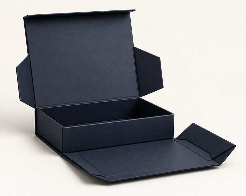 Open collapsible rigid box showing its fold-flat panels