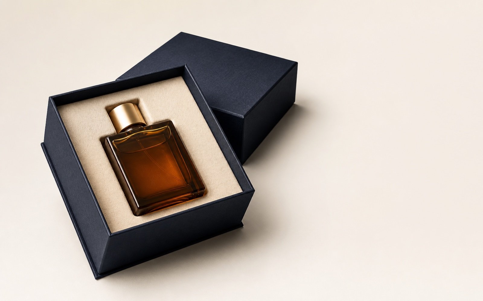 Navy lid-and-base rigid perfume box with a fitted cream insert