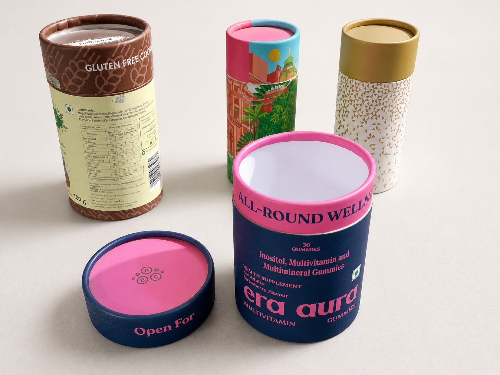 Colourful wellness and food-grade cylindrical paper packaging