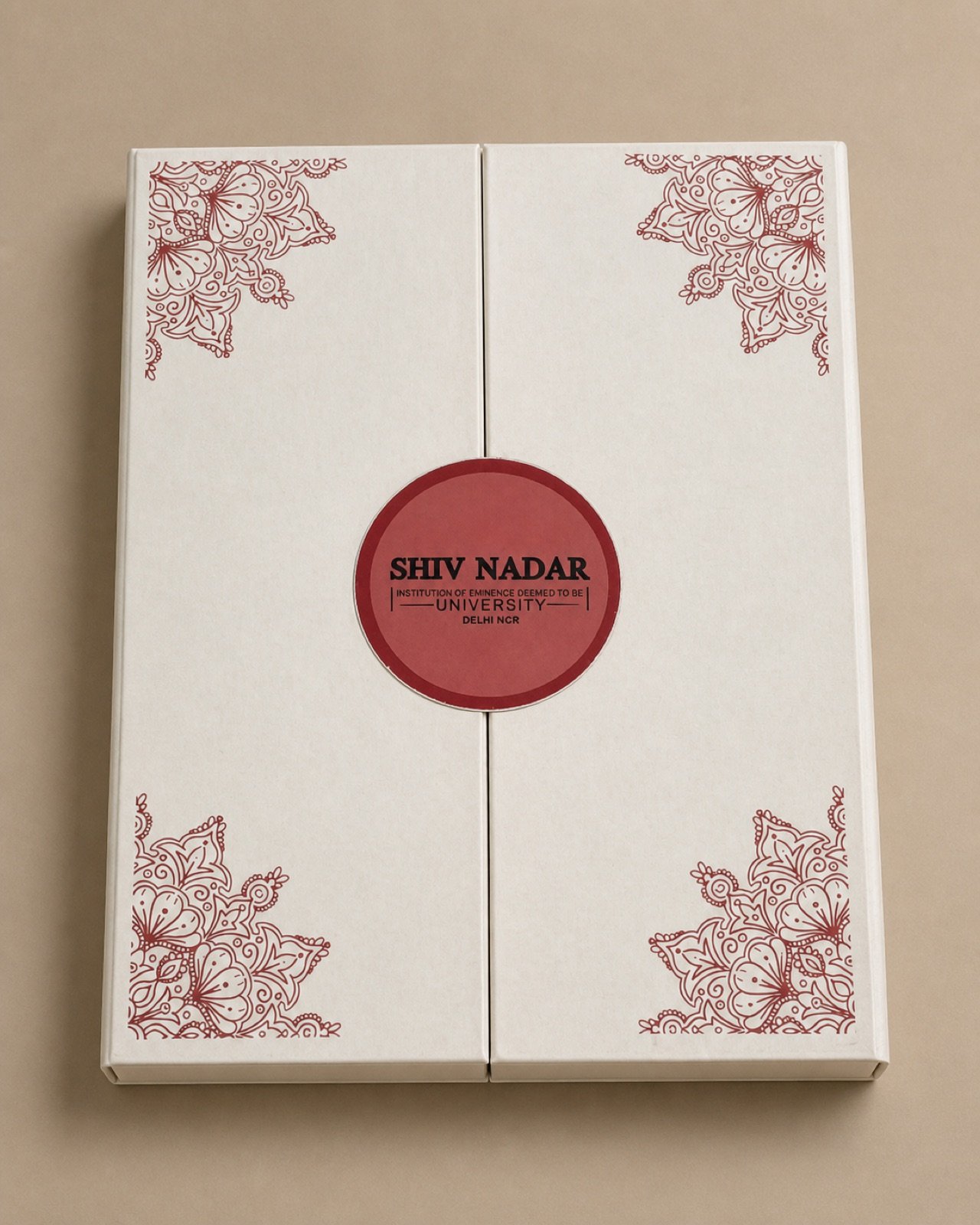 Ivory dual-door corporate presentation box with printed detailing