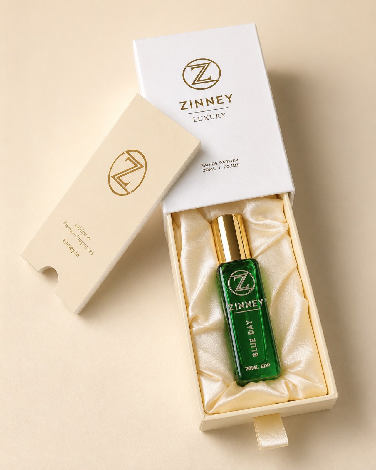Luxury fragrance drawer box with gold foil and satin insert