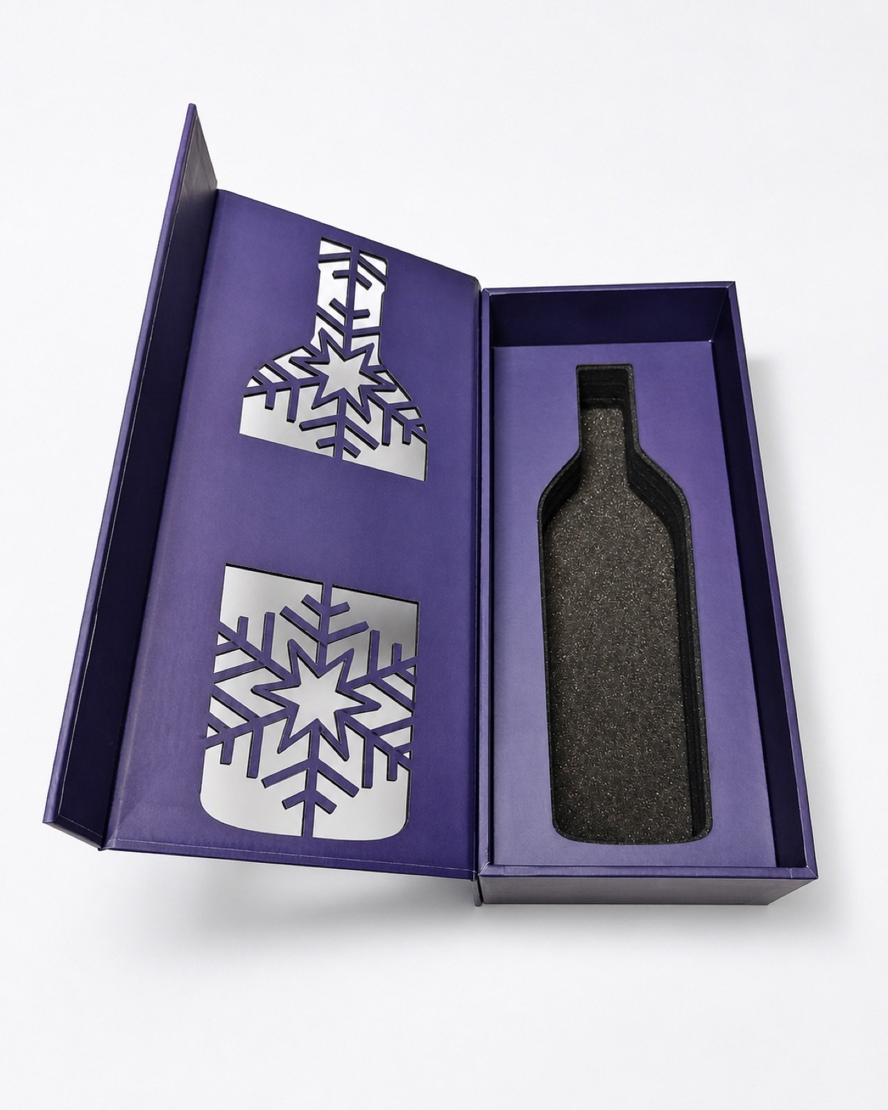 Purple magnetic rigid box with bottle-shaped foam fitment