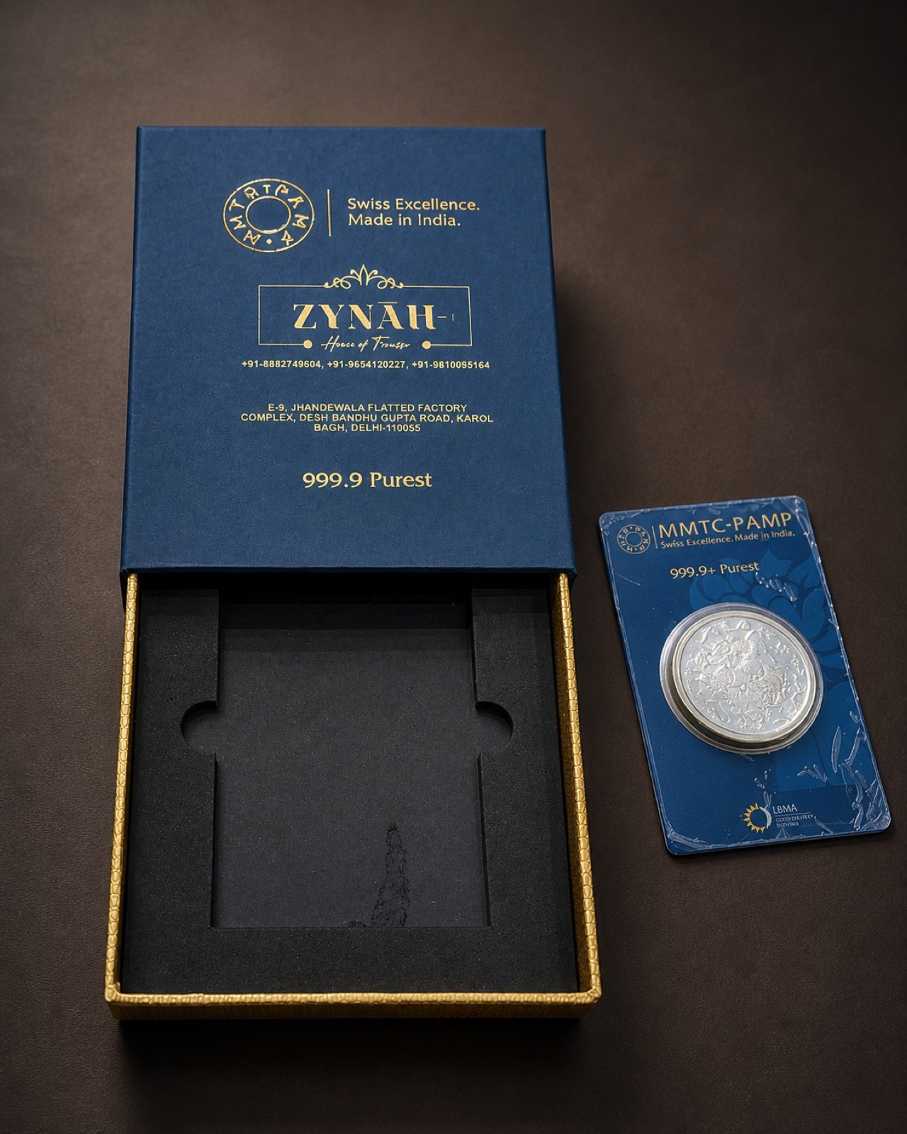 Navy presentation box with gold foil and fitted foam insert