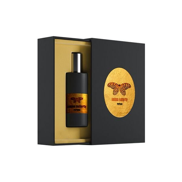 Black fragrance presentation box with a gold foil emblem