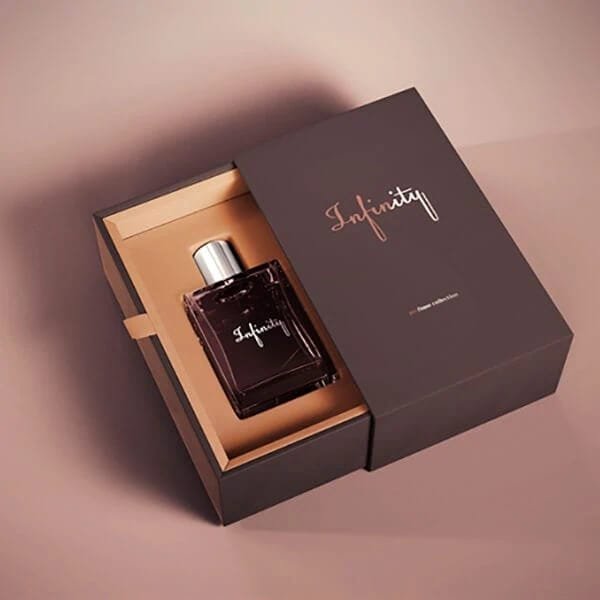 Brown single-bottle perfume presentation box with an outer sleeve and fitted pull-out tray