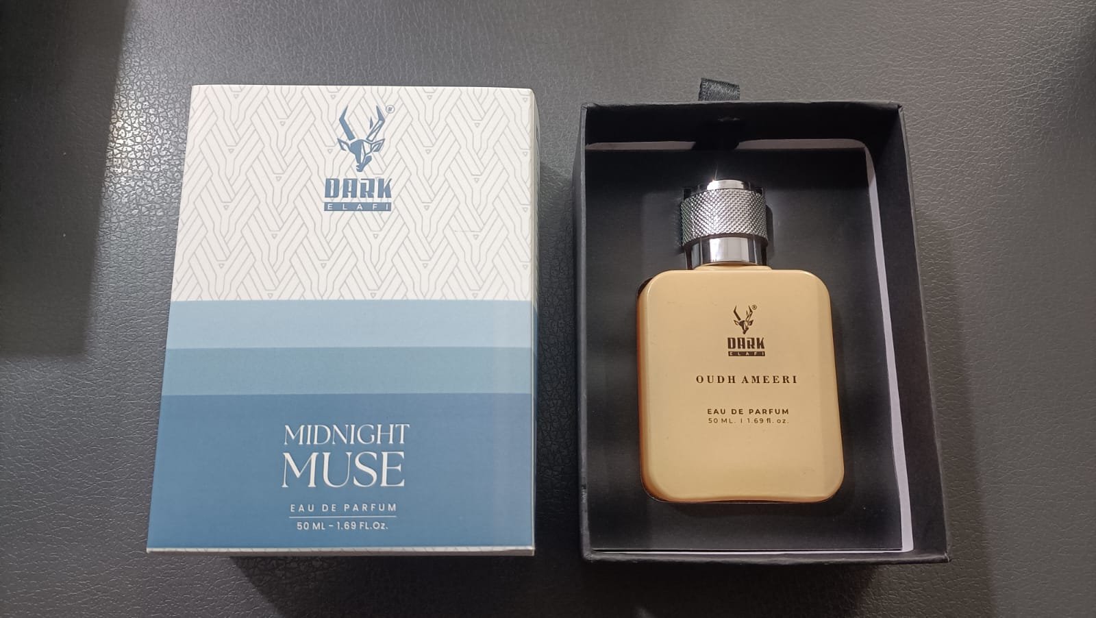 Blue perfume carton and fitted tray
