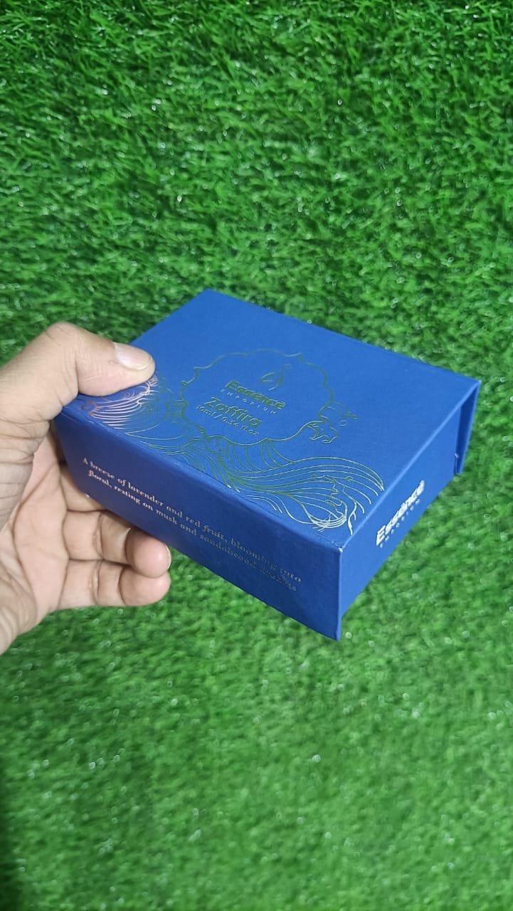 Blue mini presentation box with fine metallic foil linework