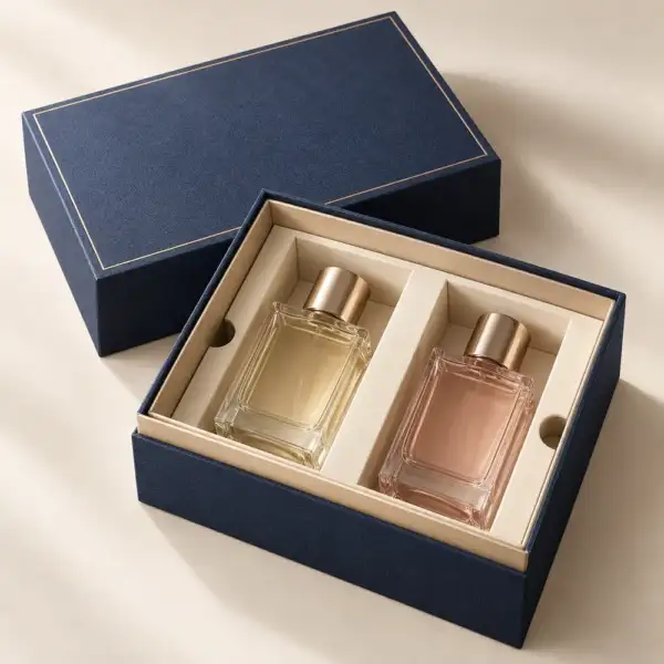 AI concept of an indigo twin-perfume box with a removable lid, ivory paper-covered compartments and separate bottle recesses.